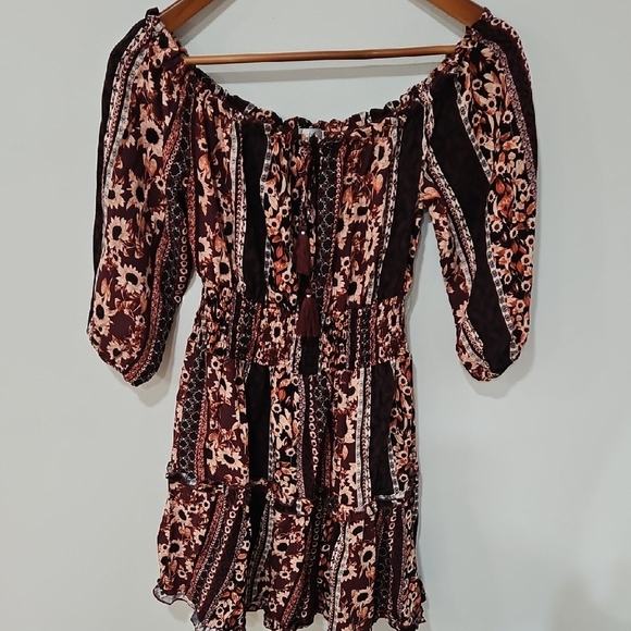 Justify Brown and White Smocked Off-Shoulder Mini Dress - Picture 1 of 4